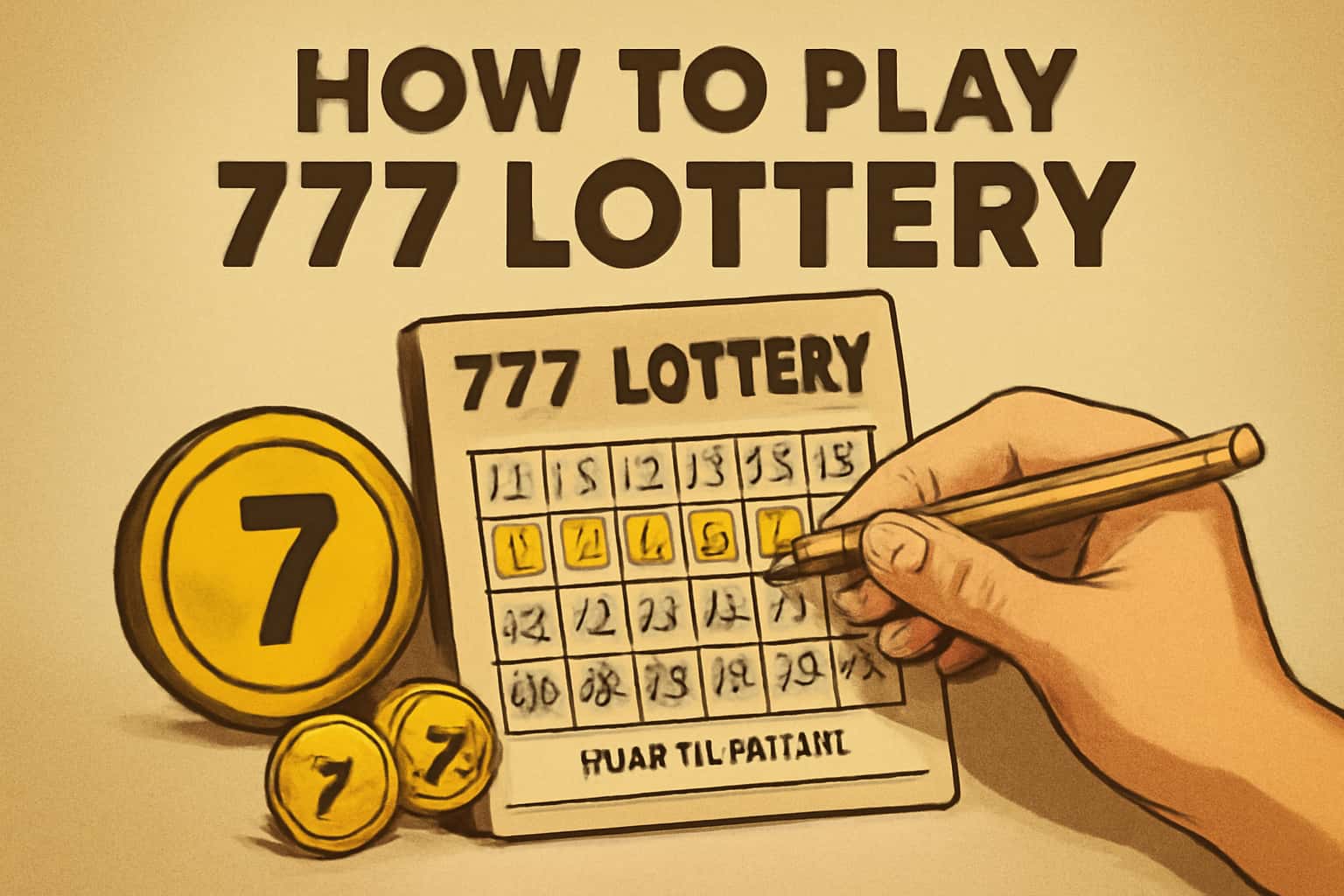 An illustrative scene showing the process of playing 777 Lottery, featuring the text '777 Lottery' prominently.